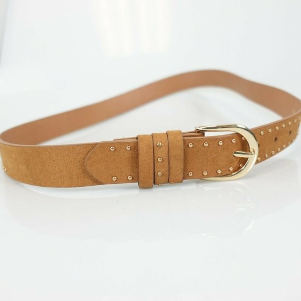 Y2K‎ Indie Sleaze Studded Belt 32 SMALL Tan Neutral Faux Suede MUDD Gold Buckle